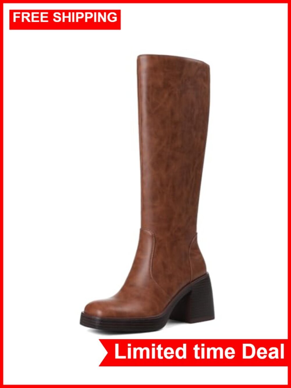 Womens Knee High Platform Boots Chunky Block Heel Square Toe Faux Leather